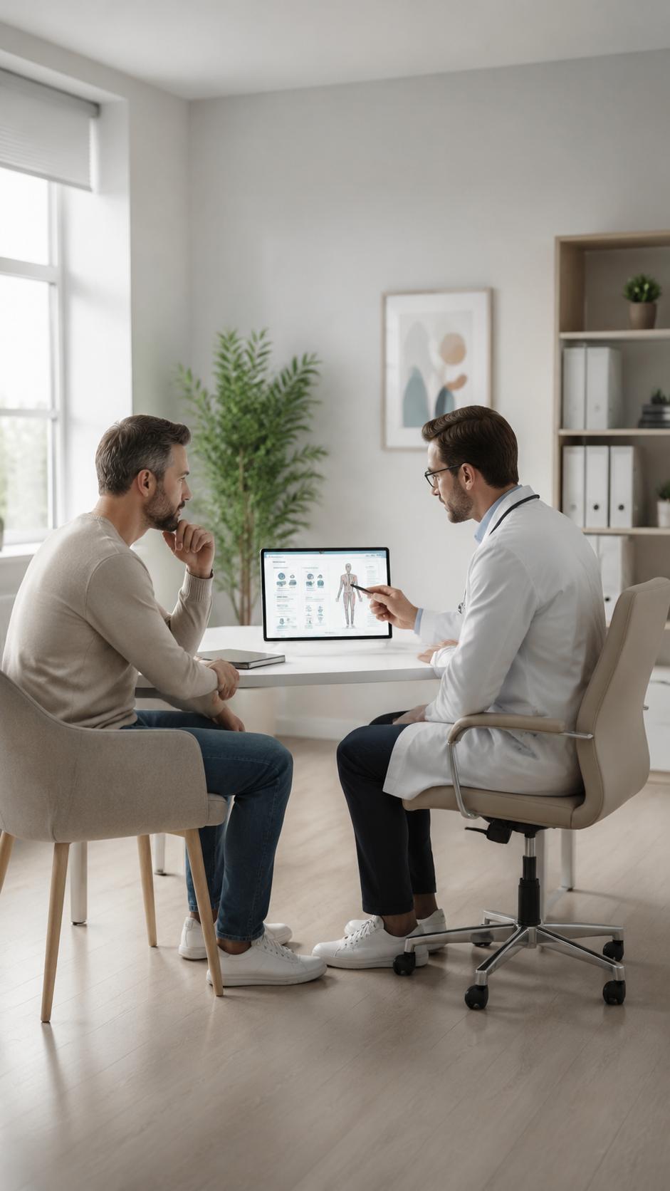 Лечение зависимости от Лирики Врач консультирует пациента, показывая медицинскую информацию на экране планшета